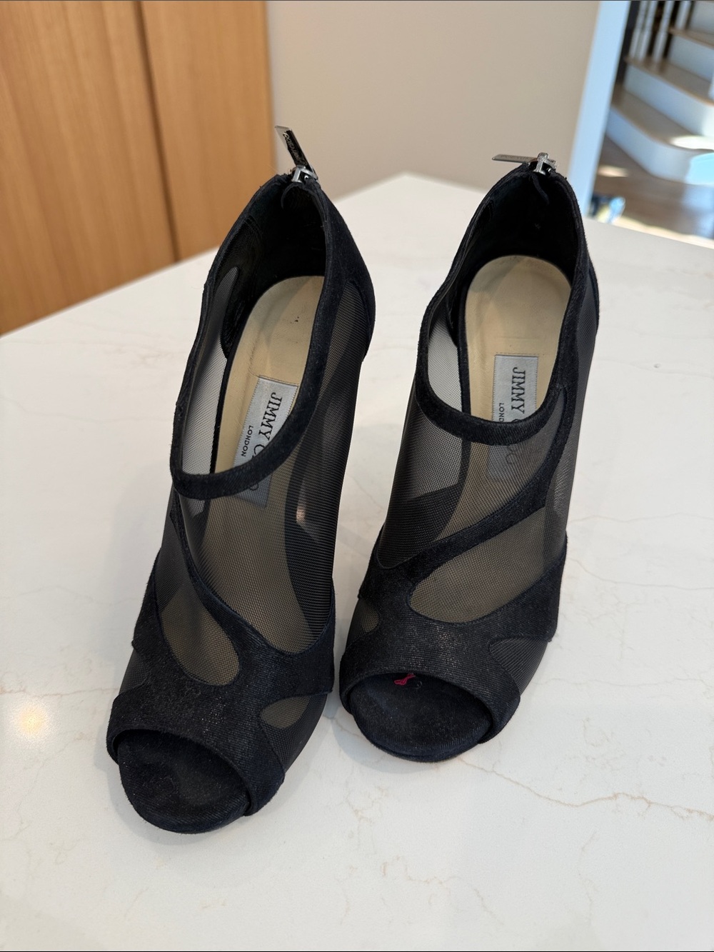Jimmy Choo Black Mesh and Suede Peep-Toe Booties